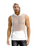 LINOCOUTON Mens Sexy Transparent Mesh Gay Shirt Sleeveless Fishnet Muscle Tank Top Undershirt, White, Medium