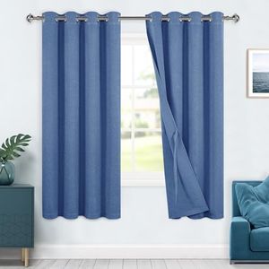 DWCN 100% Blackout Curtains Textured Double Face Linen Curtains Thermal Insulated Grommet Curtain Drapes Sewn with Tiebacks for Living Room/Bedroom,Each W132 cm x D160cm, Set of 2 Panels,Navy Blue