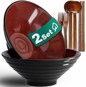 8-Inch 2 Sets Ceramic Ramen Bowl (8 Piece) - Japanese Porcelain Dishwasher Microwave Safe Salad Noodles Cereal Pasta Soup Large Bowls with Chopsticks Forks Spoons for Men Women Housewarming Gift