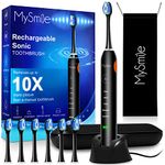 MySmile Electric Toothbrush for Adults, Rechargeable Sonic Electronic Toothbrush with 6 Brush Heads and Travel Case, 5 Modes 2 Mins Smart Timer, 48000VPM 10X Powerful than Manual Toothbrush (Black)