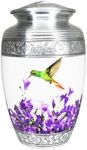 NANIURN Hummingbird, Silvery Base Engraved Cremation Urns for Human Ashes Adult Male & Female Urns Display at Home or Niche at Columbarium, Aluminum Funeral Urn, Purple Flower Design - Large