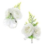 Corsage and Boutonniere Set White Boutonniere Prom Flower Wrist Corsage Bracelets for Wedding Flower Buttonhole Artificial Corsage with Pin Clip for Groom Bridal Suit Dress (white two silk flowers)