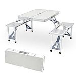 Carivia Folding Aluminum Picnic Table with 4 Chairs and Umbrella Hole Portable Adjustable Camping Table Fold Up Suitcase Table for Travel Picnic Camping BBQ Party