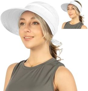 SUN CUBE Wide Brim Hats for Women, 2-IN-1 Women Sun Hat Visor, Long Brim Ponytail Cap for Golf Beach Pool, Ladies UV UPF 50+ Protection Hat for Walking Hiking Safari Traveling Fishing Gardening, White