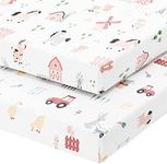 Pack and Play Sheets Fitted – Compatible with Graco Pack n Play Playard Crib and Other 27 x 39 Inch Playpen Mattress – Snuggly Soft 100% Jersey Cotton – Farm Animals – 2 Pack