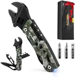 FLISSA 13-in-1 Multi Tool Wrench, Stainless Steel Camo Multitool Adjustable Wrench with LED Light, EDC Pocket Knife with Sheath, Multipurpose Multi Use Tool Wrench