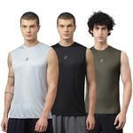 ATICX Men’s Slim Fit Polyester Sleeveless T Shirt Combo (Pack of 3_Black, Grey & Green_XL)