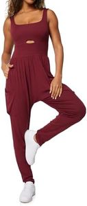 Casei Jumpsuits for Women Casual Summer Rompers Sleeveless Loose Strap Baggy Overalls Yoga Harem Jumpers with Pockets(Wine Red,S)