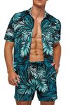 Men's Hawaiian Shirt and Shorts Set Tropical Floral Beach Shirt Set Aloha Hawaiian Short Sleeve Suits Summer Party Button Down Casual Flower Shirt 2 Piece Outfits Blue Green L