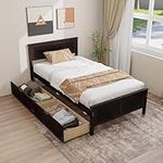 Giantex Wood Twin Bed with 2 Storage Drawers, Solid Wood Platform Bed with Headboard, Wooden Slats Support Mattress Foundation, No Spring Needed, Twin Bed Frame for Kids, Teens, Adults, Espresso