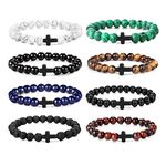 SAILIMUE 8 Pcs Cross Bead Bracelets for Women Men 8mm Tiger Eye Lava Rock Stone Stretch Elastic Cross Bracelet Set