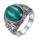 LXBQYSTO Retro Large Tiger Eye Stone Turquoise Wedding Ring For Men Classical Gothic Stainless Steel Rings, 8, Stainless Steel, Created Turquoise, Silver-Green