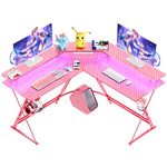 SEVEN WARRIOR Gaming Desk 50.4” with LED Strip & Power Outlets, L-Shaped Computer Desk Carbon Fiber Surface with Monitor Stand, Ergonomic Corner Desk with Cup Holder, Headphone Hook, Pink