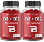 (2 Pack) Vitamin D3 + Vitamin B12 Gummies | D3 500 IU & B12 500mcg Per Gummy | 3-in-1 Enhanced Formula with Vitamin B9 Folate | Smooth Energy, Focus, Metabolism & Immune Support | 120 Gummies