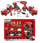 Yetli Construction DIY with Working Drill Machine Pretend Play Toy Trucks Play Set Building Vehicles Set for Kids, Boys and Girls (DIY with Working Drill)(Red)