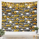 Boys Excavator Cartoon Yellow Truck Crane Tapestry Digger Mixer Cute Kids Heavy Machiner yTapestry Wall Hanging Grey Stripe Clouds Wall Art for Bedroom Living Room Tractor,Large 58x79 Inch