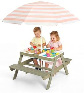 Jojoka 4-in-1 Kids' Picnic Table with Removable Umbrella and 2 Storage Bins for Outdoor - Wooden Sand & Water Table for Toddlers