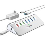 Powered USB 3.2 Hub 10Gbps,7 Port USB Data Hub USB Splitter with 4 USB 3.2 Gen2 Data Ports,3 Fast Charging Ports,30W Power Adapter,Type A & C Cable, Aluminum Powered USB C Hub for Computer,PC,Laptop