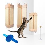 Corner Cat Scratcher - 3 Pack Wall Mounted Scratch Pads for Indoor Cats with Pet Groomer and Toy - Ideal for Wall and Couch Corners