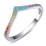 Qings Rainbow V Shape Ring, 925 Sterling Silver Colorful CZ Stackable Chevron Ring for Anniversary Promise Wedding Engagement, Jewellery Gifts for Women Girls Band Sizes 9