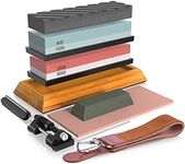 Knife Sharpening Stone Includes 4 Side Grit 400/1000 3000/8000 Whetstone, Non-Slip Bamboo Base, Angle Guide，Polishing Compound，Leather Strop, Flattening Stone