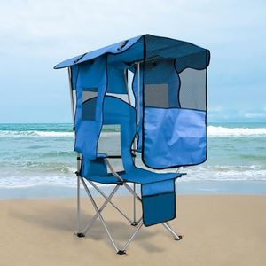 ptlsy Beach Chair with Canopy Shade Folding Camping Chair for Adults with Cup Holders, Cooler Bag for Camping, Fishing, Beach, Sports and Concert (Blue)