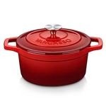 vancasso Cast Iron Pot, 3L Red Naturally Non-Stick Enameled Dutch Oven Cookware, with Stainless Steel Knob Lid Cast Iron Casserole for Steam Braise Bake Broil Saute Simmer Roast - 22cm