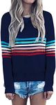 ECOWISH Women's Sweater Rainbow Colorful Striped Sweaters Long Sleeve Crew Neck Color Block Casual Pullover Blouse Tops Navy Blue X-Large