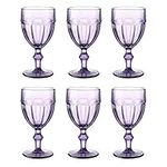 EAST CREEK | Set of 6 Colored Glass Goblets | Vintage Drinking Glasses Set of 6 | 8.5 oz Embossed Design | Drinking Glass with Stem | Wedding Glass (Violet)