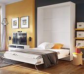 Arthauss Modern Bedroom Vertical Fold Away Pull Out Murphy Bed in White Gloss 140 x 200cm - Fold Down Multifunctional Bed with Self-Holding Locking System