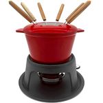 Andrew James Fondue Set for Cheese or Chocolate, Red Enamelled Cast Iron with 130mml Capacity and Gel Fuel Burner, Cast Iron Pot On Tripod with 22cm Base, Includes 8 Colour Coded Fondue Forks