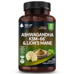 Ashwagandha KSM-66 and Lions Mane Capsules - High Strength 2000mg KSM-66 Ashwaghandha Root Extract and Lions Mane Mushroom Extract - 120 Vegan Capsules with Black Pepper - UK Made by New Leaf