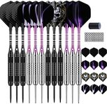 DARTSPACE 12 Pack Steel Tip Darts Set 22 24 Grams, Metal Tip Darts with Premium Black Purple Darts Stem 24 Flights Extra 50 Rubber O-Rings 1 Dart Sharpener Tool Kit for Dart Board