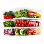 MILTON Cryo Fridge Storage Boxes Set of 6 Fridge Organizer Container with Waterproof Vinyl Stickers & Removable Drain Plate, Lid, Stackable Box, Plastic Containers 1500 ml, Transparent