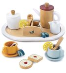 Little Log Wooden Tea Set for Little Girls,Wooden Toy Kids Pretend Play Tea Party Set Children's Kitchen Accessories with Play Food for Girls Boys Toddlers 3 years and up