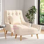 CRAFTCITY|Armchair with Footstool Chair with Solid Wood Legs for Living Room Bedroom |Single Seater Sofa Armchair |Luxury Chair (Beige)