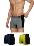 XYXX Men's Underwear Dualist IntelliSoft Antimicrobial Micro Modal Trunk Pack of 3 (Steel Grey & Black;Black Iris & Black;Lime Punch & Black; L)