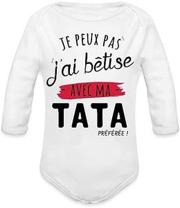 Spreadshirt Je Peux Pas J'Ai Bêtise avec Ma Tata Body Bébé Bio Manches Longues, 74 (6-9 Mois), Blanc