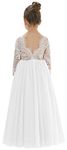 2Bunnies Girl Peony Lace Back A-Line Straight Tutu Tulle Party Flower Girl Dresses (White Long Sleeve Maxi, 9/10)