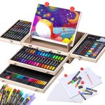 Kids Art Set 108 Piece with Drawing Easel, Professional Art Supplies in Portable Wooden Case Included Oil Pastels, Markers, Colored Pencils, Watercolor Cakes, Gift for Kids, Teens and Adults