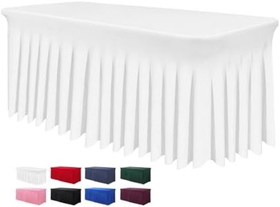 BDDC Table Skirts for Rectangle Tables 8ft - One-Piece White Table Covers for 8 Foot Tables, Wrinkle Resistant Ruffles Elastic Table Cover and Table Skirt for Banquets, Weddings, Parties