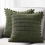 Topfinel Olive Green Decorative Throw Pillows Covers 18x18 Inch Set of 2,Cute Boho Corduroy Striped Pillow Case with Pompom Tassel,Square Vintage Solid Couch Sofa Cushion Covers for Bed Living Room