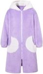 Funnycokid Girls Bathrobe Size 12-14 Purple Fleece Robes Teen 13 Big Solid Color Kids Zip Soft Bath Robe Plush Sleepwear Long Sleeve Pajamas