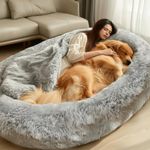 Human Sized Dog Bed, Dog Bed for Humans, Giant Dog Bed with Washable Fluffy Faux Fur Cover, 72"x48"x11" Human Size Dog Bed with Soft Blanket, Large Dog Bean Bag Bed for Families, Light Grey