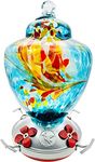 Hummingbird Feeder with Perch - Hand Blown Glass - 38 Fluid Ounces Blue Hummingbird Nectar Capacity Including Hanging Wires and Moat Hook Blue