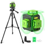 Huepar 3x360 Self-leveling Cross-Line Laser Level, 3D Green Beam Three-Plane Leveling and Alignment Laser Tool with 47" Lightweight Extendable Tripod Set, Li-ion Battery&2 Portable Bag Included-B03TP