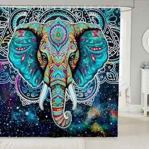 Elephant Bath Curtain Boho Exotic Style Elephant Shower Curtain for Stalls Bathtubs Decor Hippie Mandala Bathroom Shower Curtain Set Galaxy Bright Colorful Waterproof Bathroom Curtains 72x72 Inch