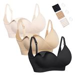 HOFISH Nursing Bras for Breastfeeding Seamless Ultra Comfort Maternity Bra, Pregnancy Sleep Bralette 3Pack Black Beige Pink Medium