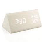 OCT17 Wooden Alarm Clock, Wood Alarm Clock Smart LED Digital Clock for Bedroom/desks, Upgraded with Time Temperature, Adjustable Brightness and Voice Control, Humidity Displaying - White