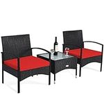 COSTWAY 3 PCS Patio Wicker Conversation Set, PE Rattan Sofa with Tempered Glass Coffee Table, 2 Chairs, 2 Cushions, Outdoor Patio Furniture Set for Yard Porch Bistro Balcony Backyard Pool, Red